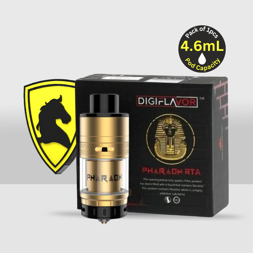 Digiflavor Pharaoh RTA 27mm 4.6mL by RiP Trippers | High-Performance Rebuildable and Expandable Tank Up to 7.6mL for Superior Flavor & Cloud Production - Gold - Seef Vape